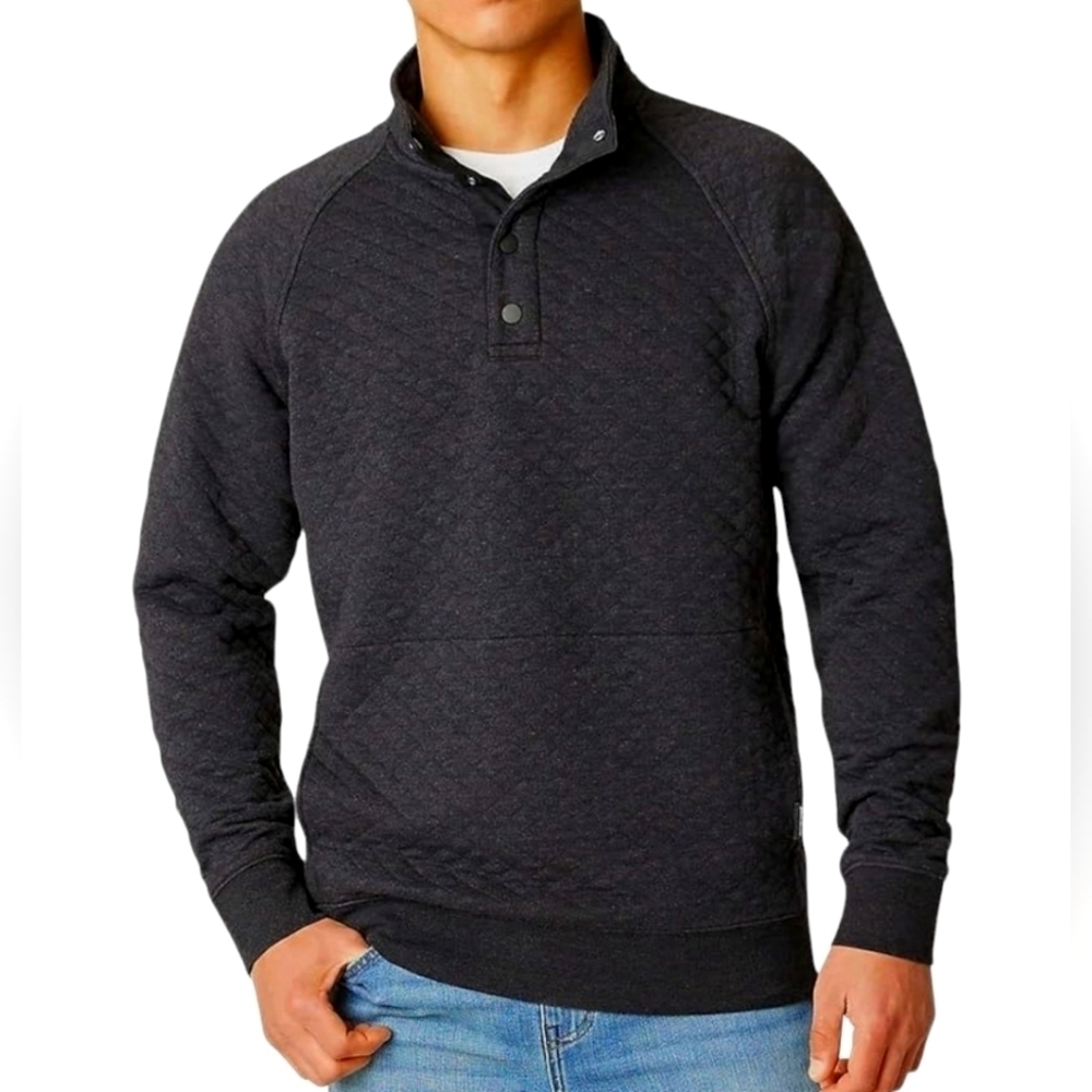 Eddie Bauer 1/4 Snap Button Kangaroo Pockets Heathered Black Quilted Pullover Sm